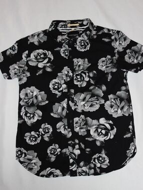Boys Black Rose Print Short-Sleeve Button-Up Shirt